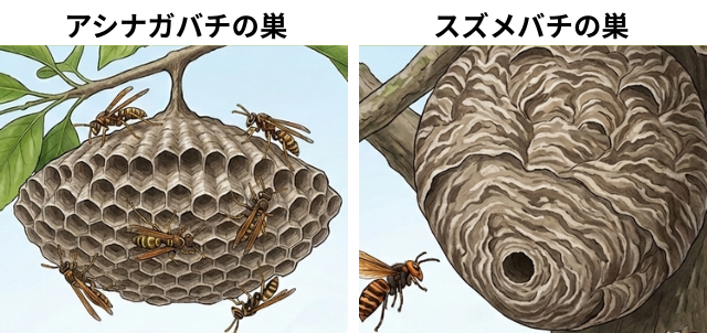 アシナガバチ・スズメバチの巣の見分け方イメージ図